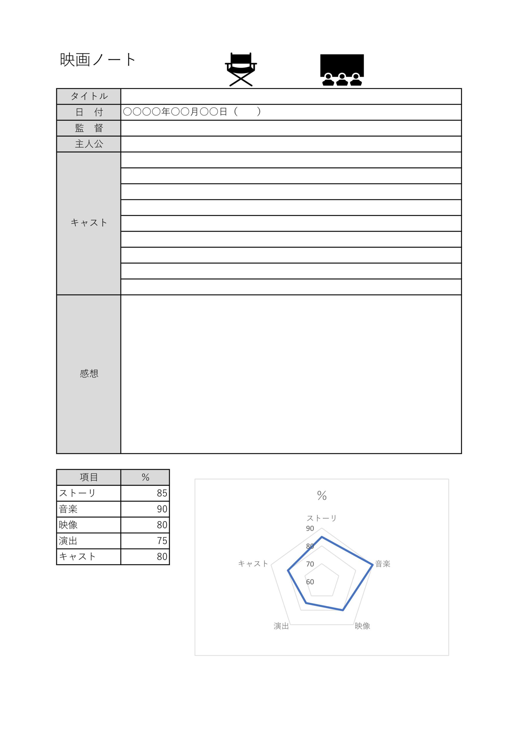 映画ノートのテンプレート（Excel・Word・PDF）直接PC編集や印刷後に手書きで記入も可能な素材となります。学生の趣味や社会人で映画好きでまとめたい方にお