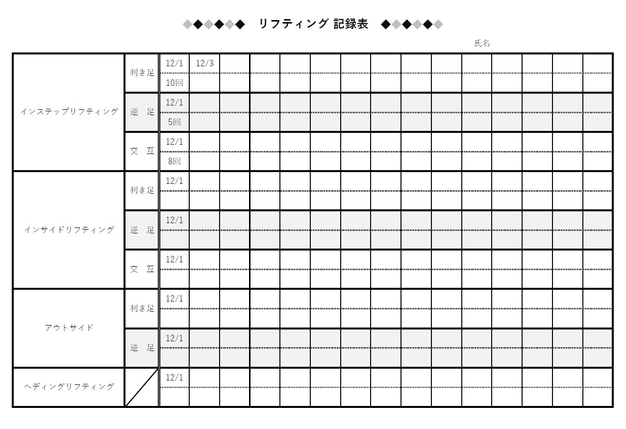 サッカーリフティング記録表（小学生・中学生・高校生・大学生）Excel・Word・PDFのテンプレートとなります。簡易的にリフティングの回数を記録する事が出来る