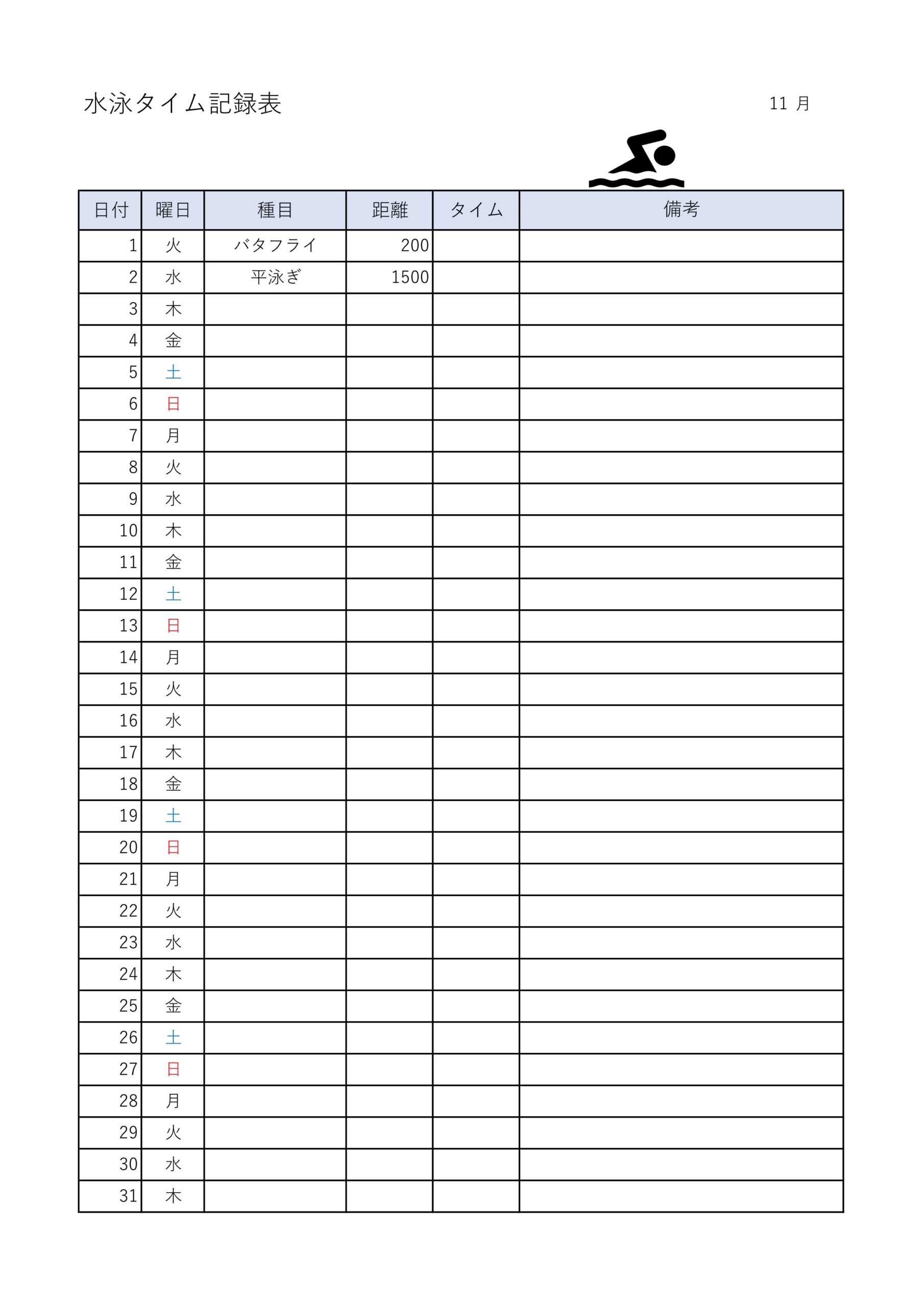 学校の部活で使える水泳タイム記録表（中学生・高校生）水泳部やスイミングスクール・Excel・Word・PDFのテンプレートとなります。簡易的に競泳などの記録を取